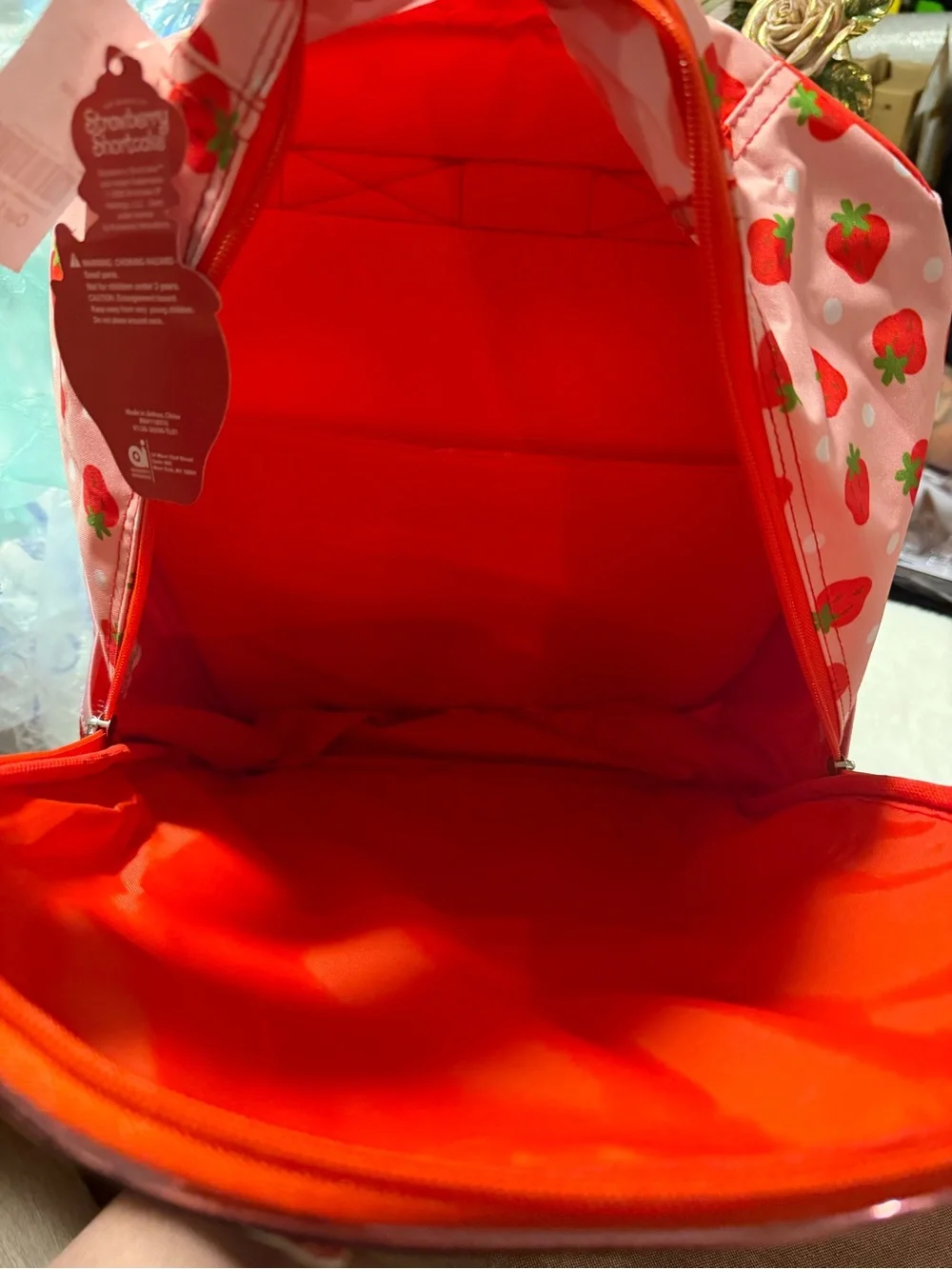 Girls Pink & Red Strawberry Sequin Character Backpack. 16in H 12in W